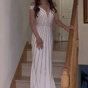 white and gold beaded prom dress